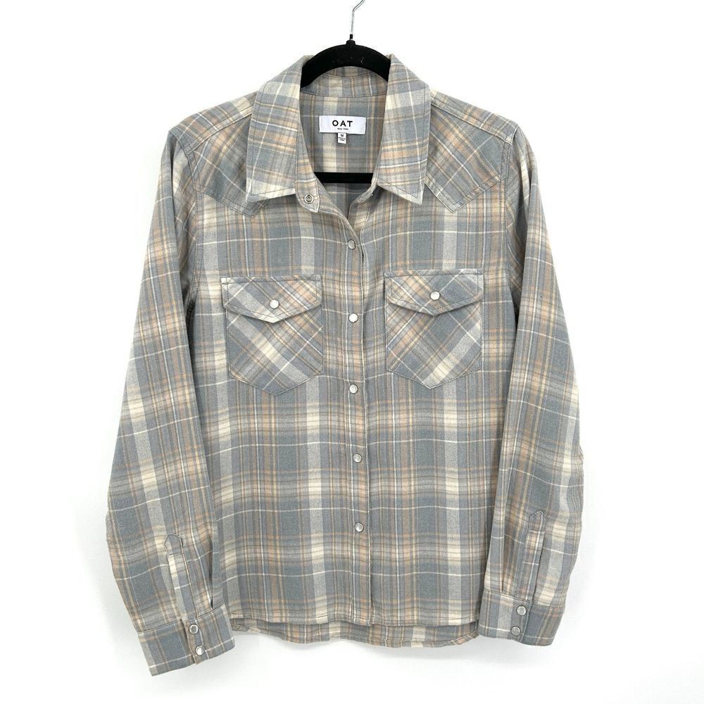 OAT New York Women's Gray Tan Plaid Flannel Pearl Snap Button Up Shirt Medium